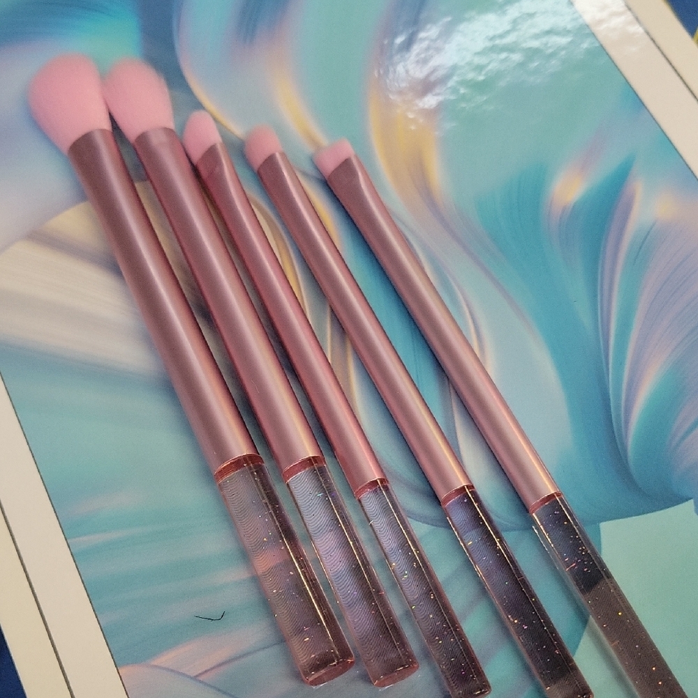 Set of 5 makeup brushes with pink bristles & clear glitter-filled handles NEW